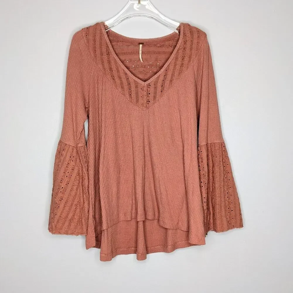 Free People V-Neck Bell Sleeve Parisian Nights Top Long Sleeve Size XS